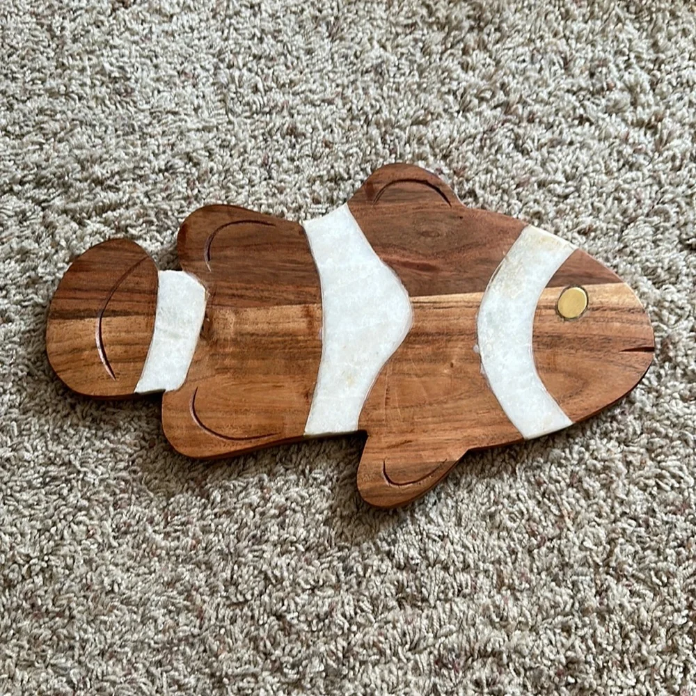 Anthropologie Wood and White Marble Fish Serving Boards